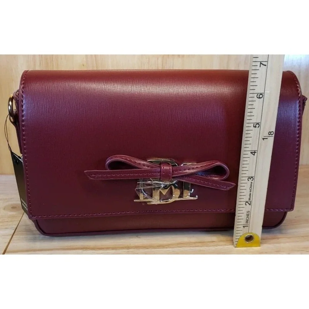 Badgley Mischka Burgundy Saffiano Faux Leather Bow Crossbody Flap Bag Gold Logo